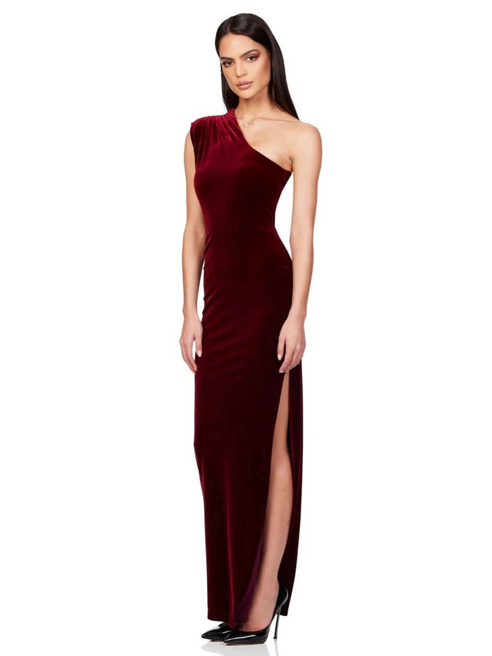 NOOKIE RUMI GOWN - WINE Women's One-Shoulder Velvet Evening Gown
